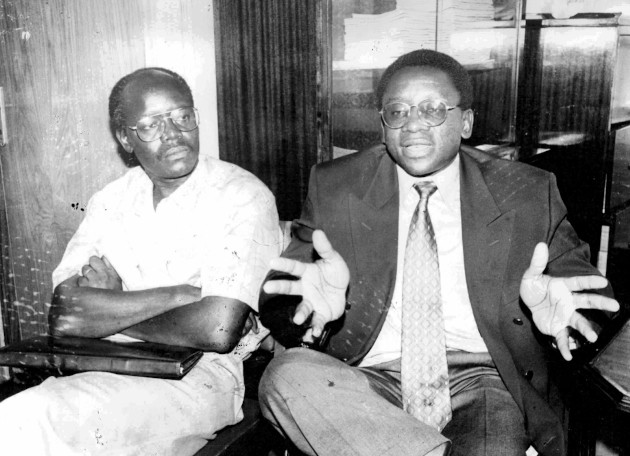 James Orengo and Mukhisa Kituyi explains a point during a press conference where Kijana Wamalwa  announced cabinet reshuffle.31 December 1995